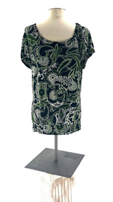 Short Sleeve Top Size M Paisley Black Green And White By Carol Rose Elastic Scoop Neck - TheRealThreads